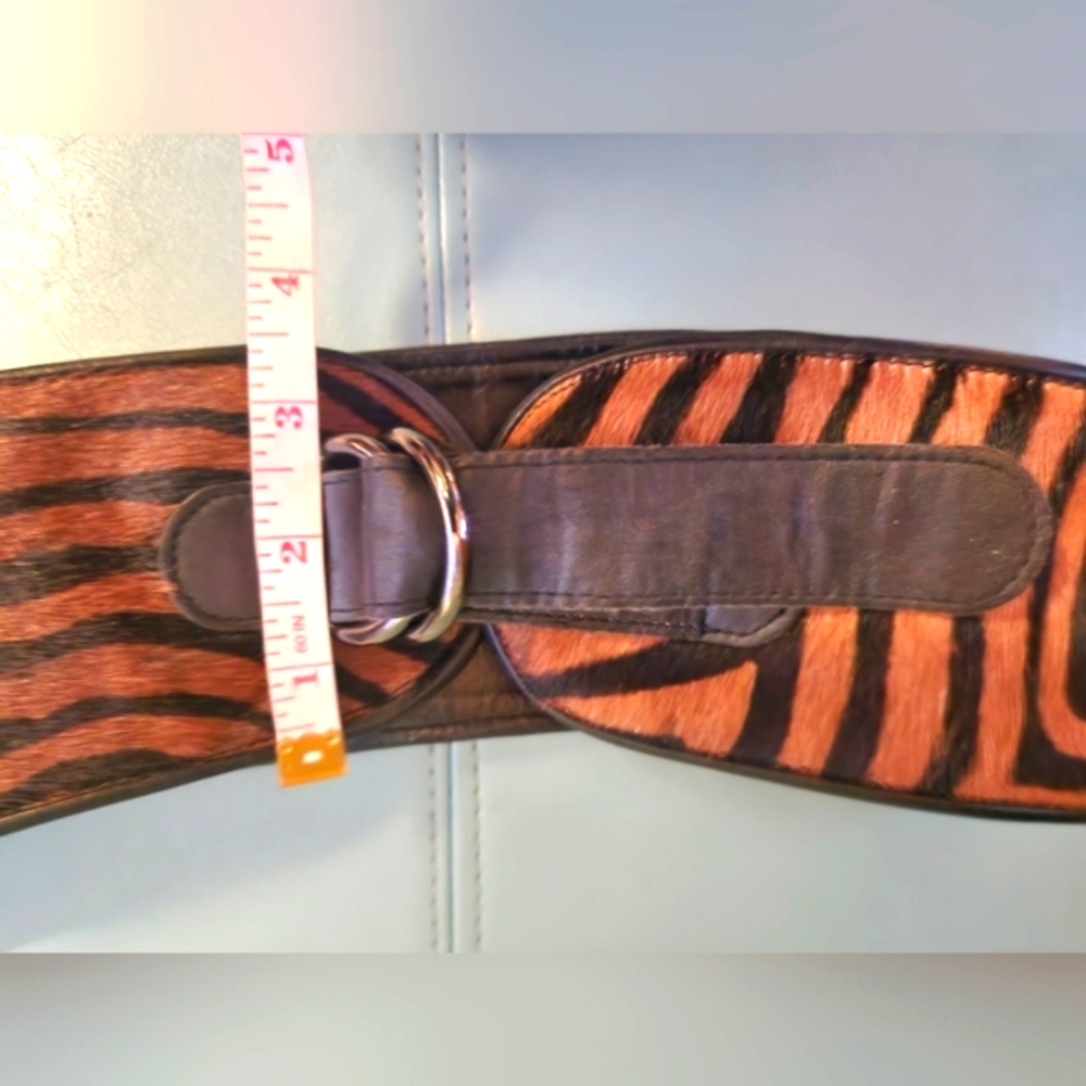 80s YVES SAINT LAURENT Tiger Striped Leather Cowhide Fur Brown Black Wide Belt S - Picture 9 of 16